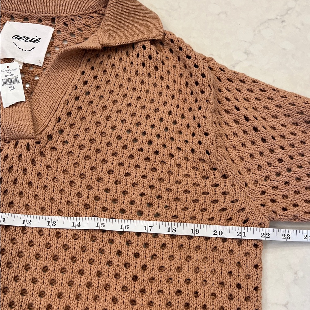 Aerie NWT Oversized Open Knit Polo‎ Sweater in Tan 100% Cotton Size Small - Picture 6 of 9